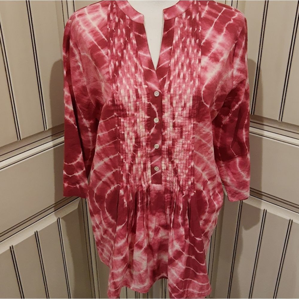 Chico's blouse top tie dyed popover size medium 12 14 (2) pink elbow sleeve